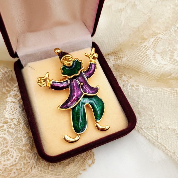 Articulated Clown Hard Enamel Pin, Cute Holiday Shawl Scarf Brooch - Picture 2 of 10